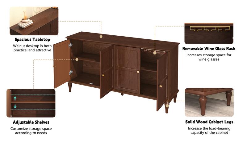 Mid-Century Modern Sideboard Buffet Cabinet, Walnut Wood 4-Door Storage Credenza, Large Capacity, Farmhouse Home Furniture, Entryway Living Room Dining Room, Scratch-Resistant Surface, Hidden Storage Organizer
