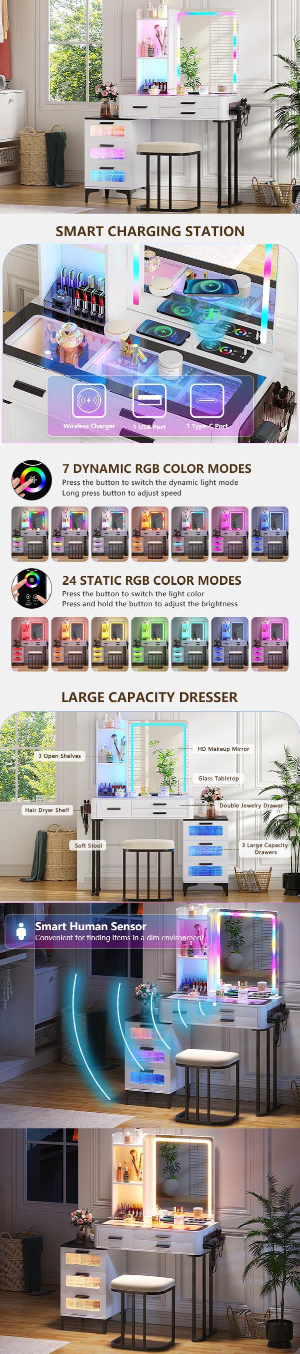 Miuvanity Set with 24-Color RGB Lights, Wireless Charging, HD Mirror, 6-Drawer Chest & Big Storage Furniture Organizing - Modern Design Adjustable Brightness
