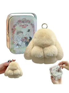 BunnyLulu Handmade Fluffy Bunny PomPom Keychain with Designed Tin Box, – Cute Eater Basket Gift, Travel Accessory & Birthday Present for Girls & Women