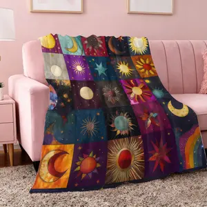 Comfy Soft Throw Blanket Cute Vintage Sun And Moon Print Flannel Blanket Cozy All-Season Throw For Sofa Bed Office Camping Travel Ideal Gift For Any Occasion High-Quality Flannel Fabric Super Soft Lightweight And Comfortable