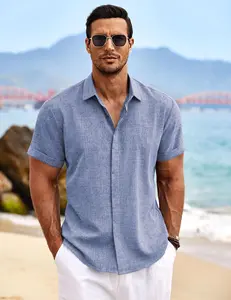 Coofandy Men's Linen Shirts Short Sleeve Button Down Shirt for Beach Summer Wedding Casual Fashionable Breathable Lightweight Skin-friendly Formal
