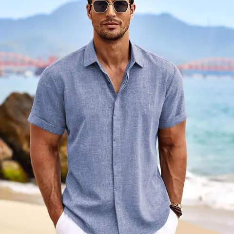 Coofandy Men's Linen Shirts Short Sleeve Button Down Shirt for Beach Summer Wedding Casual Fashionable Breathable Lightweight Skin-friendly Formal