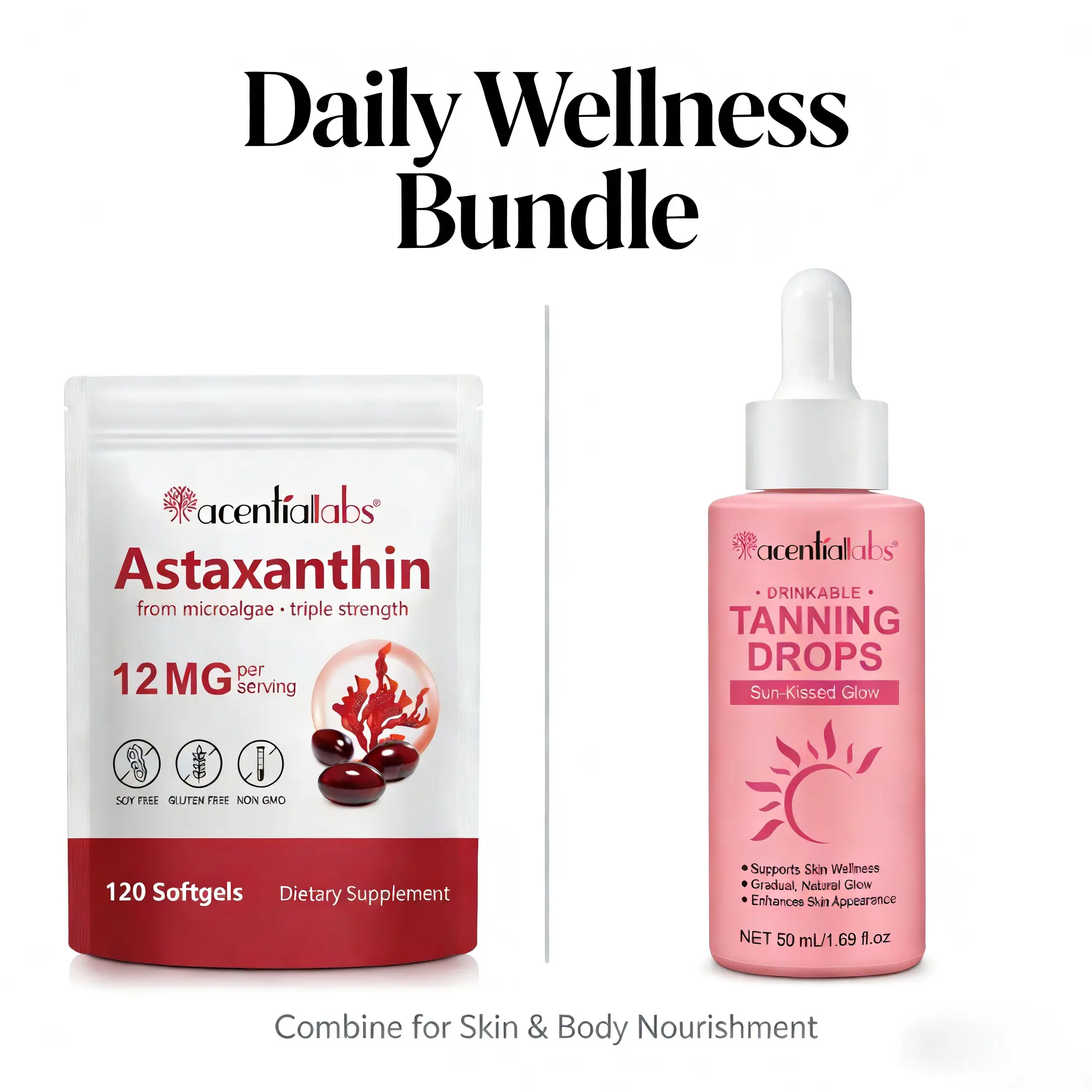 Acentiallabs Astaxanthin Capsules & Tanning Drops for a Deeper Tan & UV Sun Protection - Gluten-Free Brightening Skin Care Supplement for Adults