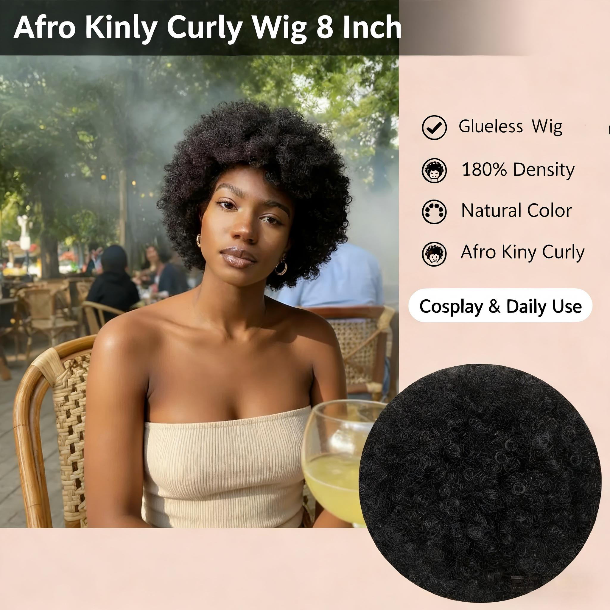Glueless Wigs Human Hair 8Inch Afro Kinky Curly Natural Color Wig for Women Human Hair Soft and Fluffy Glueless Wigs 70s 80s Kinky Curly Wig Cosplay or Daily Use Wigs 180% Density Pixie Curl Afro Wig Onetide Hair