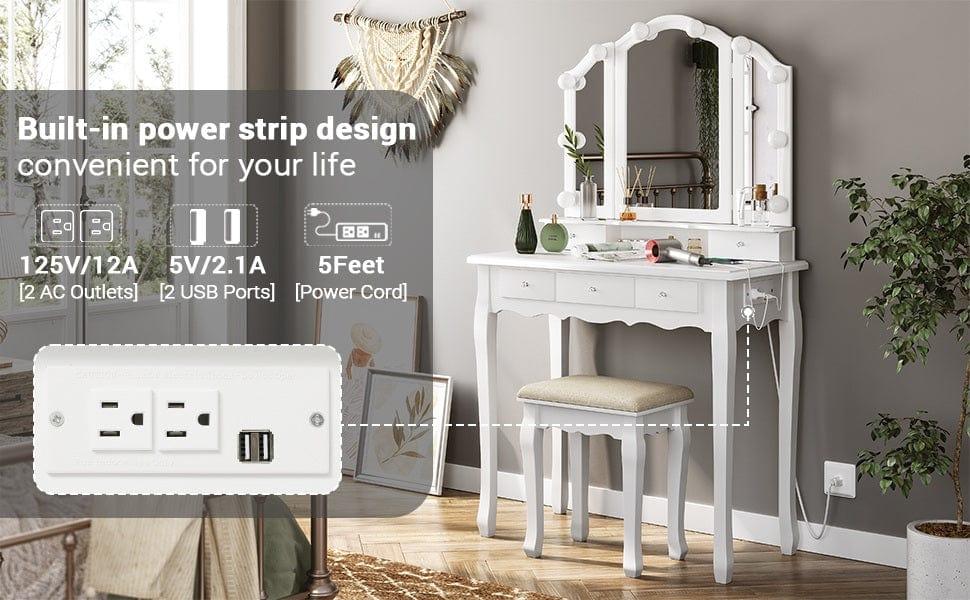 Sikaic Small Size Makeup Vanity Set with LED Mirror Cushioned Stool and Chair Set Bedroom White