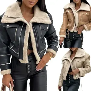 Women Faux Fur Leather Jacket Faux Fur Open Front Casual Furry Collar Short Parka Coat Warm Cardigan with Belt Long Sleeve Light