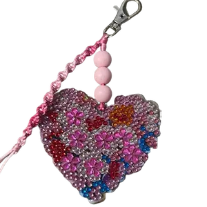 Handmade bling art, bedazzled heart- Chic & trendy Beaded with Macrame Accent, use as Keychain, Bag Charms, Backpack accesory