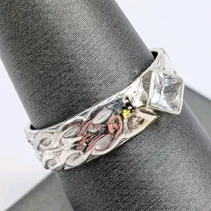 Molten Crown Ring - Handmade 925 Sterling Silver Princess Cut Lab White Sapphire Ring – Engraved Band – Renaissance Style – Size 8