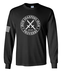 Iron Sharpens Iron Proverbs 27:17 Mens Christian American Flag Sleeve T-shirt Graphic Tee Classic Menswear