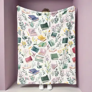 Book Element ,Watercolor Style,Books Surrounded by Wildflowers And Plants,Study Materials, Stationery, a Soft And Cozy Printed Blanket,Perfect Holiday Presents for Classmates,And Partners for Napping,Camping,Traveling Multifunctional birthday celebration