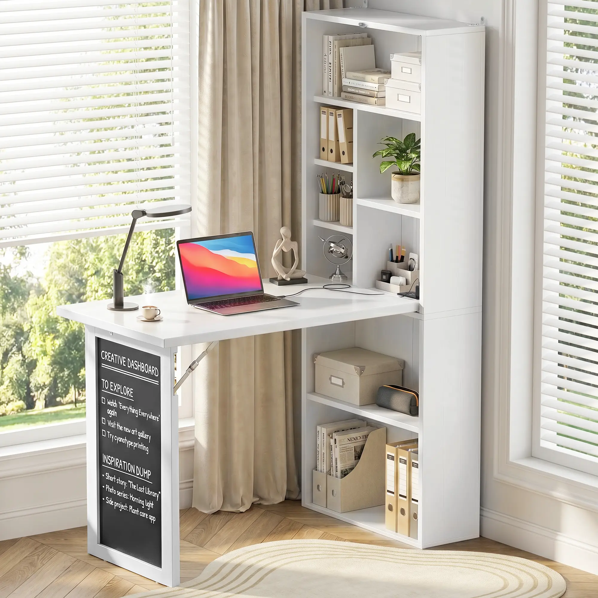 Small Folding Desk with Outlets & USB Ports - 6-in-1 Compact Adjustable Portable Desktop Table, Furniture for Small Spaces, Desk for Bedroom with Blackboard, Adjustable Shelf for Home Office Craft Room, Foldable