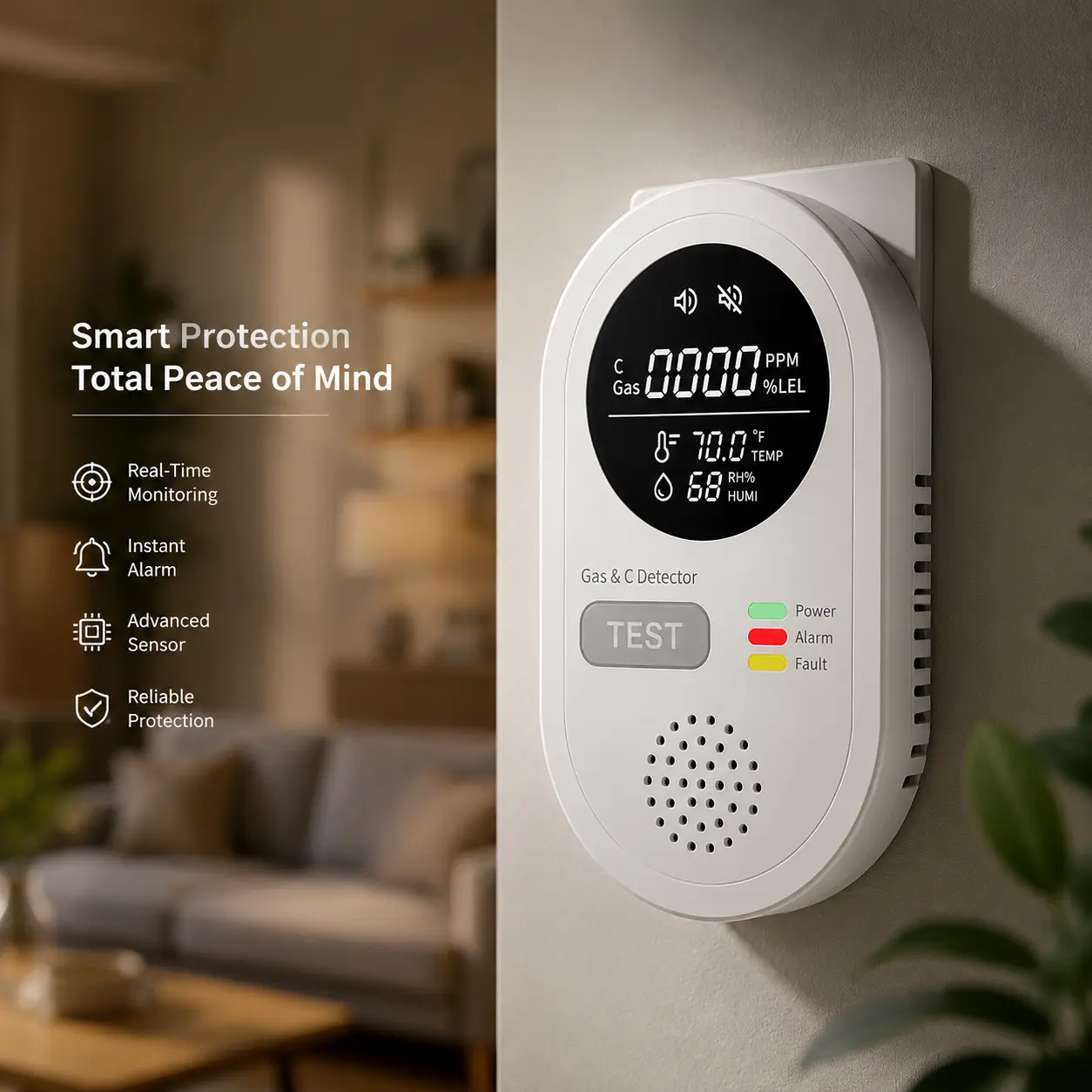 8-in-1 Compact Multi-Sensor Home Safety Equipment, Portable Indoor Detector with Natural Gas, Temperature, Humidity Sensors, Plug-n-Play Design, High Def Display, Alarm Alerts, Ideal for Kitchen, Garage
