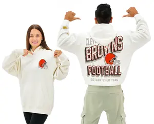 Zubaz NFL  UNISEX 90s Vintage First Down Drop Shoulder Hoodie- Off White, CLEVELAND BROWNS