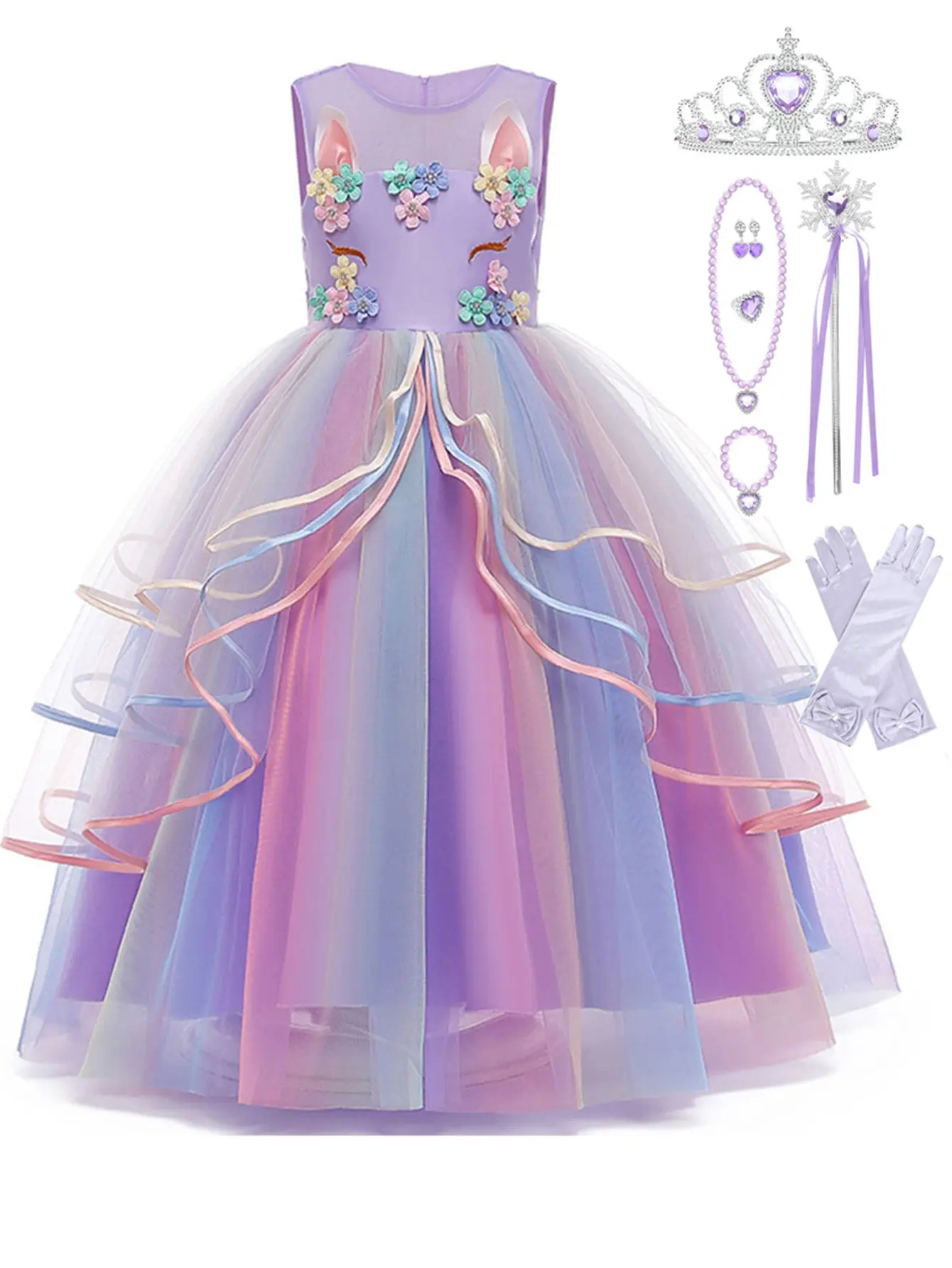 LOEL Girls' Unicorn Rainbow Tulle Dress Princess Costume Long Gown for Pageants Birthday Halloween Christmas Dance Party Girlclothes Toddler Wand Earrings