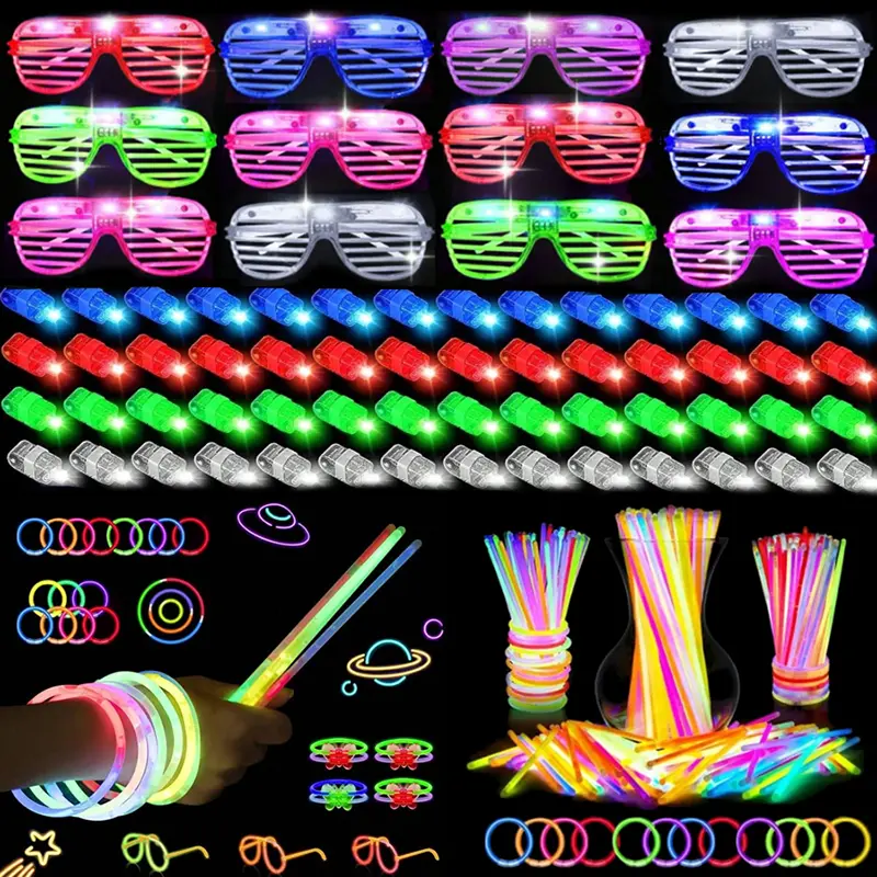 165pcs Glowing Light Complete Kit Set Pack Gifts: 15 LED Glasses, 50 Finger Lights, 100 Liquid Glow Sticks for Rave, Halloween, Christmas Decorations