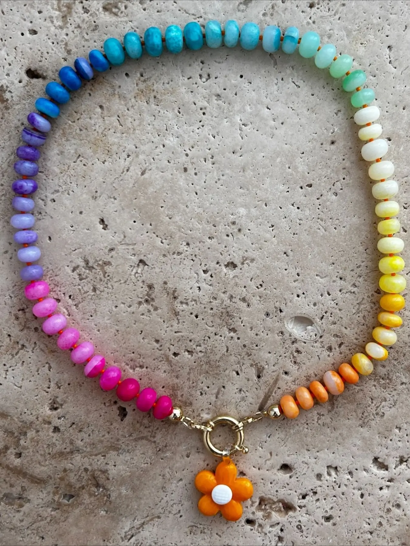 CYL&RY Boho Rainbow Stone Beaded Necklace, Layerable Colorful Choker with Flower Pendant, Versatile Beachy Jewelry for Summer Vacations, Beach Trips, Festivals and Boho Styling, Dainty Layering Jewelry, Adjustable Beaded Design, Glass Bead Necklace