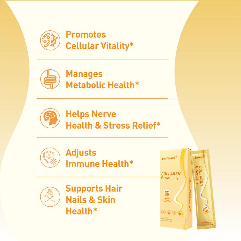 LeafStory Collagen Glow Reset Jelly (2 Sticks): Orange Flavor, Collagen, Support Skin Health & Elasticity, Support Hair & Nails, Stress Relief & Nerve Health, Sugar-Free, Gluten-Free, Non-GMO, Gelatin-Free, Natural Ingredients