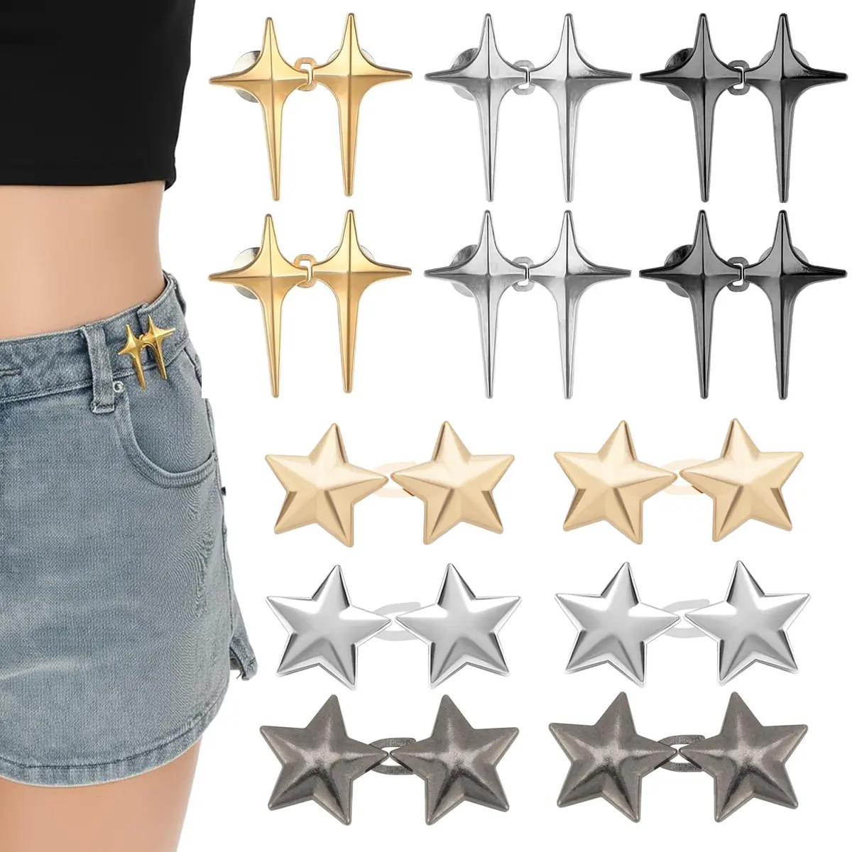 12 Set Pant Waist Tightener Star Buttons Pins for Loose Fashion Jeans,Adjustable Waistband Buckle for Teenage Girl Gift,Reusable Waist Cincher Clip Metal Star Brooch for Clothing Dresses Skirts