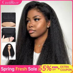CindiRiver Kinky Straight Half Wig 100% Human hair for Black Women 230% Density Draw-string Cap Seamless Flip Over Wear Go Gluless Wig Yaki Straight Natural Black
