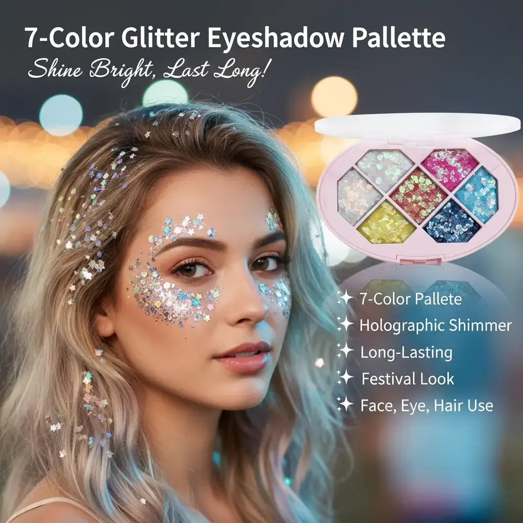 Cmaadu Multichrome Eyeshadow Palette - 7-Color Chunky Glitter Jelly Gel, Smooth Highlighters, Luminizers, Long-Lasting Holographic Makeup for Youth (3 Years Shelf Life), Brightening Single Item for Birthday Parties, Cosplay