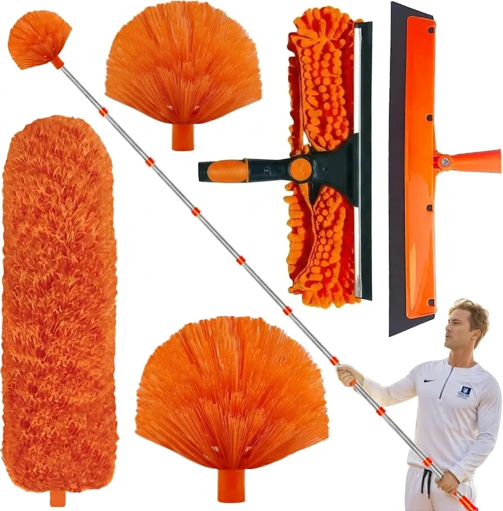 【Summervibes】20+ Feet High Reach Duster Kit with 3-14 ft Extension Pole // High Ceiling Dusting and Window Cleaning Kit with Spliceable Pole - Window Washer & Squeegee, Cobweb Duster, Fan Blade and Feather Dusters