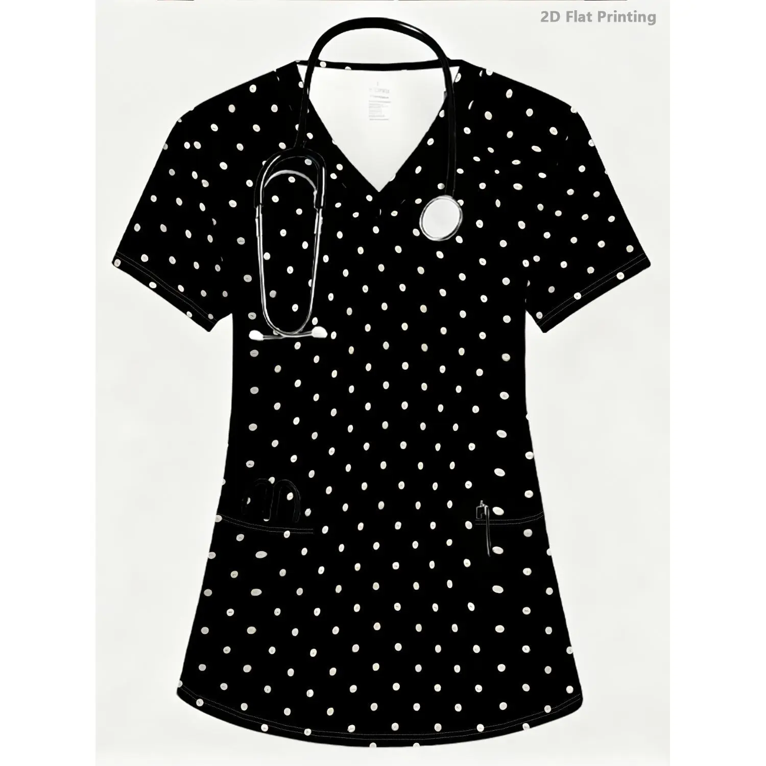 Professional Women's Workwear: V-Neck Black & White Polka Dot - Breathable, Skin-Friendly Fabric