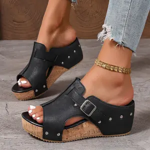 Women's Platform Wedge Sandals - 2.5“Cork Heel, Cushioned Lightweight Comfort Slides, Adjustable Strap, Non-Slip Summer Casual All-Day Wear Shoes