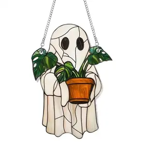 Cute Ghost Plant Suncatcher-Ghost and Monstera Acrylic Ornament, Perfect Halloween Hanging Decor,Ideal Gift for Plant Lovers and Moms