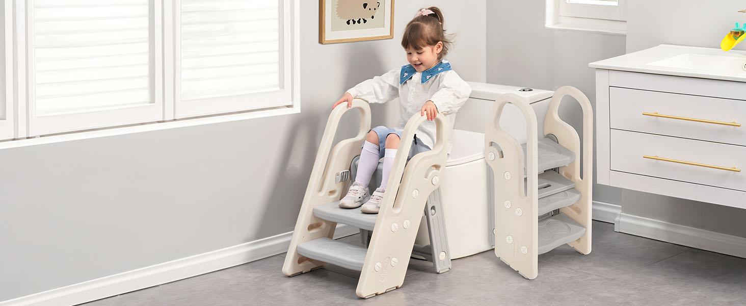 Dripex Foldable 3-Step Stool with Handles, Adjustable Toddler Step Stool for Bathroom Sink, Potty Training & Kitchen Helper Plastic Ladder for Kids