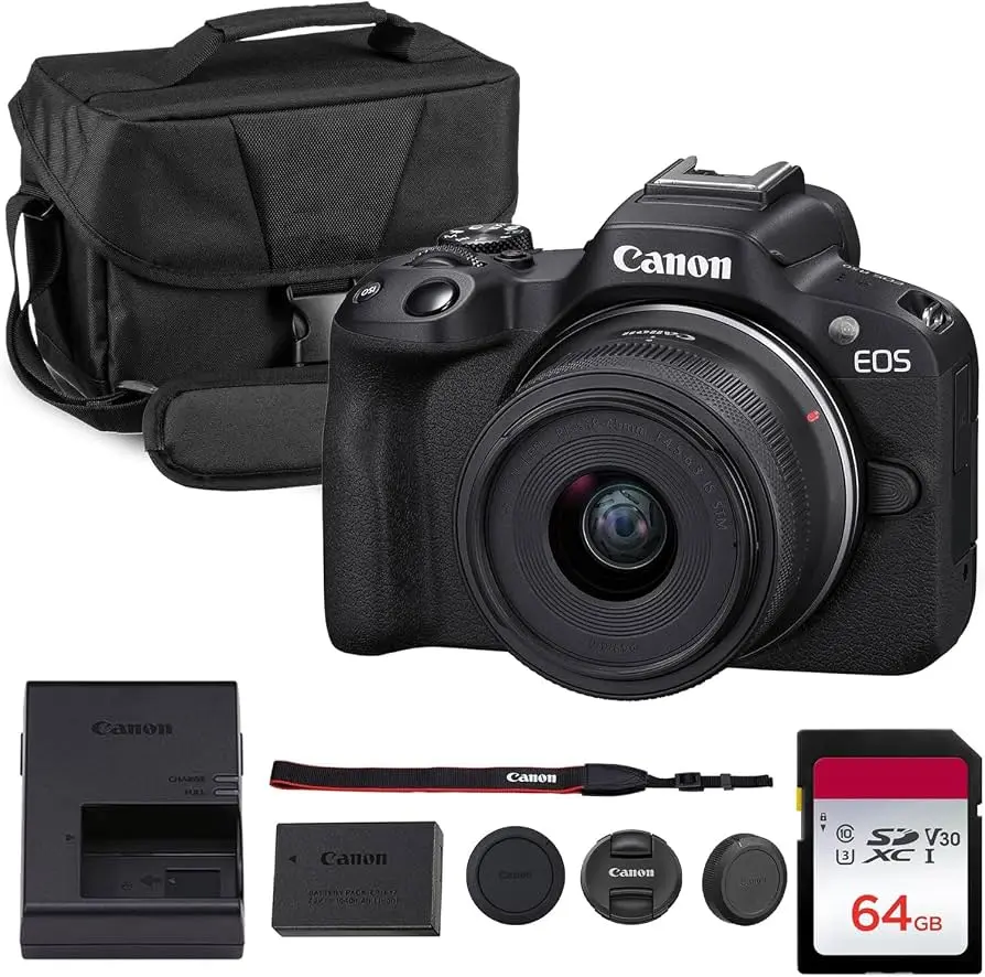 Canon EOS R50 APS-C Mirrorless Camera Bundle with 18-45mm Lens (5811C012), 64GB Memory Card, Camera Bag - 4K Video, Dual Pixel AF II for Photography & Video