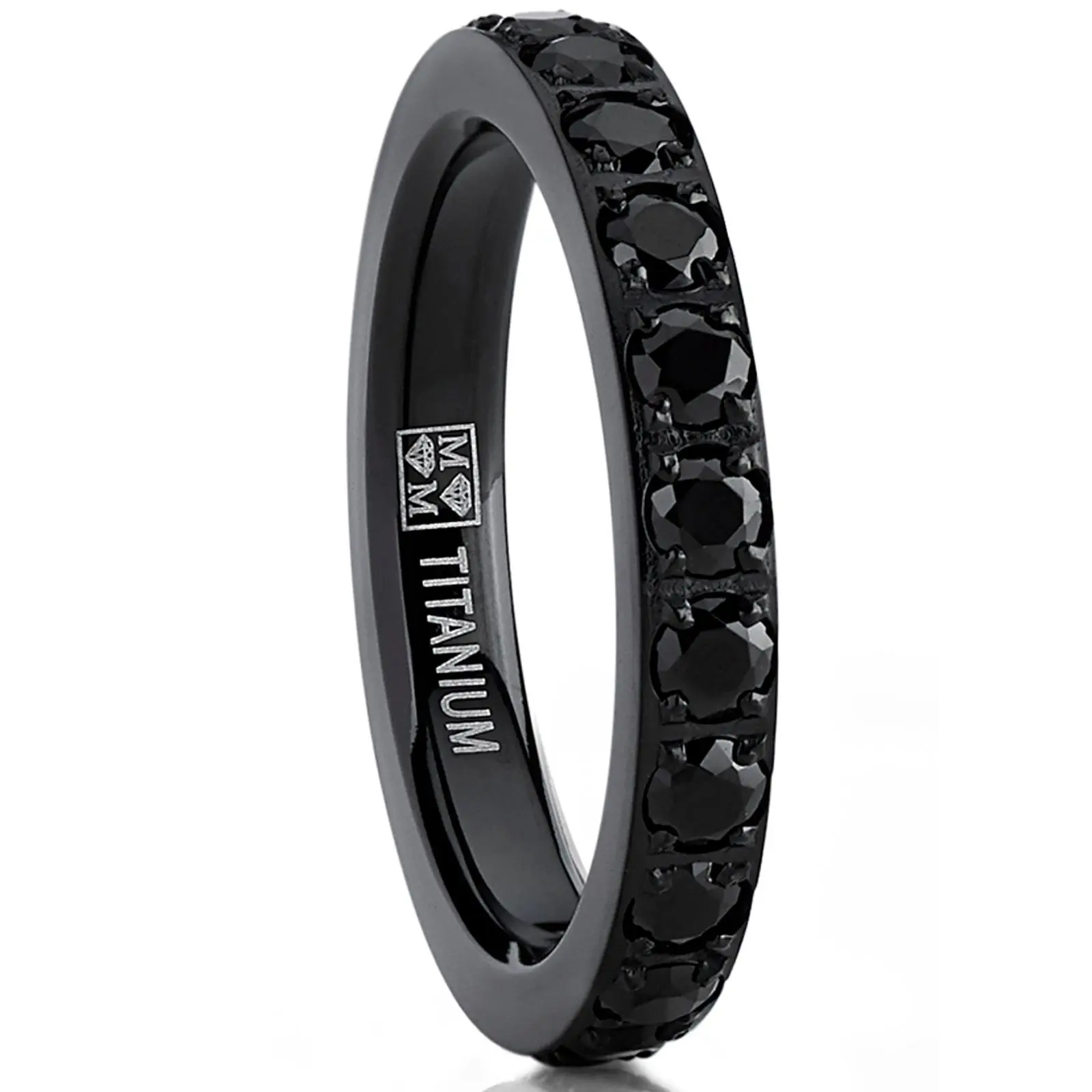 Women's 3MM 1.75Ct Black Titanium Eternity Fashion Engagement Band, Black Pave Set CZ Wedding Rings, Fashion Engagement Rings
