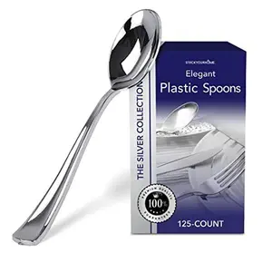 Silver Plastic Spoons 125 Pack Disposable Cutlery, Heavy Duty Flatware, Plastic Silverware Set for Catering Events, Parties, Dinners, Weddings, Receptions and Everyday Use