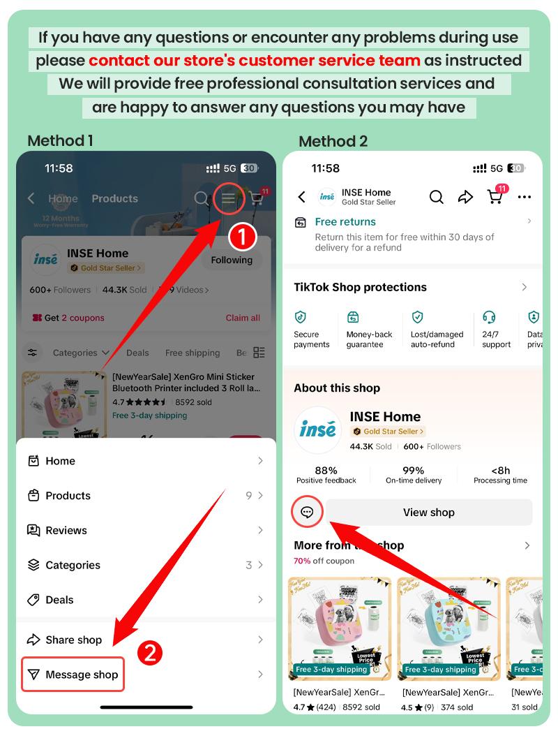 [Springglowup] XenGro Mini Printer Bluetooth included 3 Roll label Thermal Pocket Printer,Inkless Small printer B&W Printing Only for Photos, Study Notes, Lists,Memos, Journals Printing Machine Sticky Label, Birthday Gifts for Kids Green