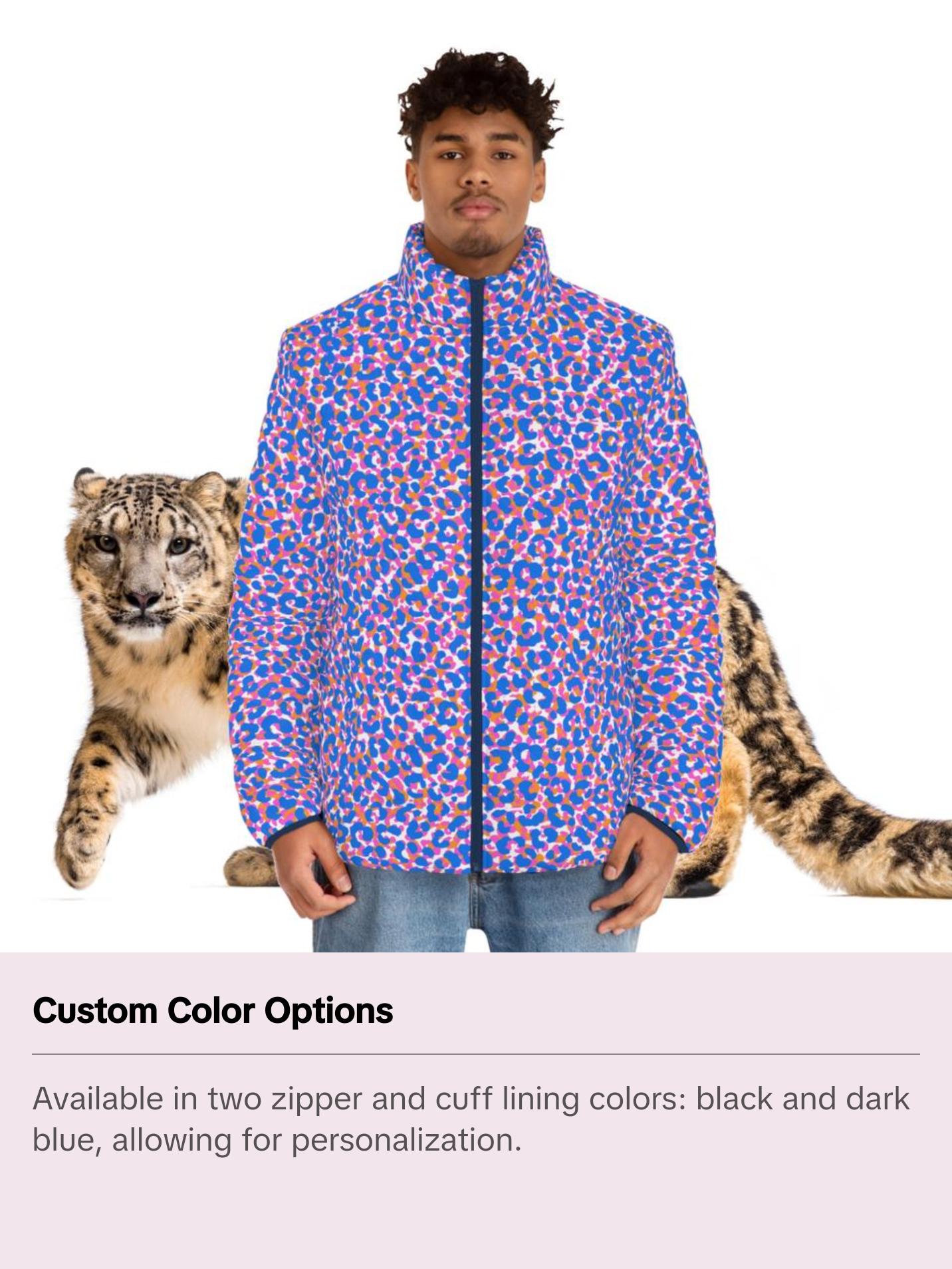 Men's SCBC " Spotted Frenzy" Puffer Jacket (AOP). Puffer Jacket, Spring, Mens Clothes, Warm Jacket, Lightweight, Deer, Graphic Design. Collar Menswear