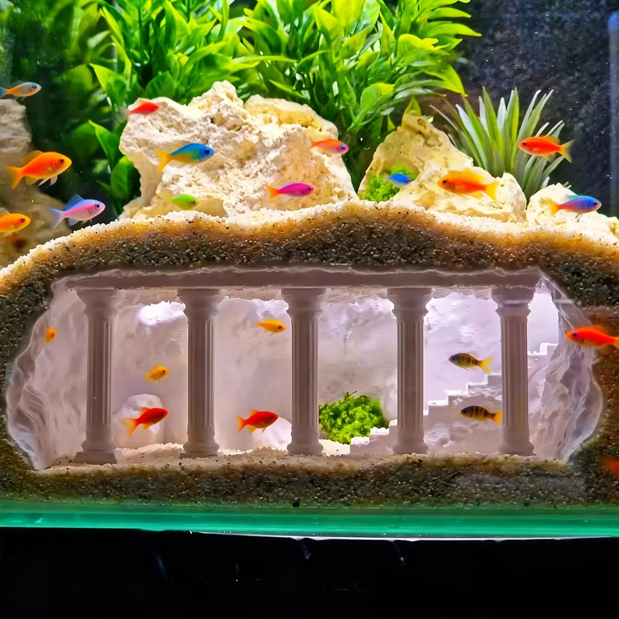 3D Printed Roman Column Aquarium Castle Hideout, Eco-Friendly PLA Safe Underwater Shelter Cave for Betta Fish, Shrimp, Small Reptiles, Retro Fish Tank Landscape Decoration, Easy Assembly Aquatic Ornament Perfect for Home Office Tank & Holiday Gift