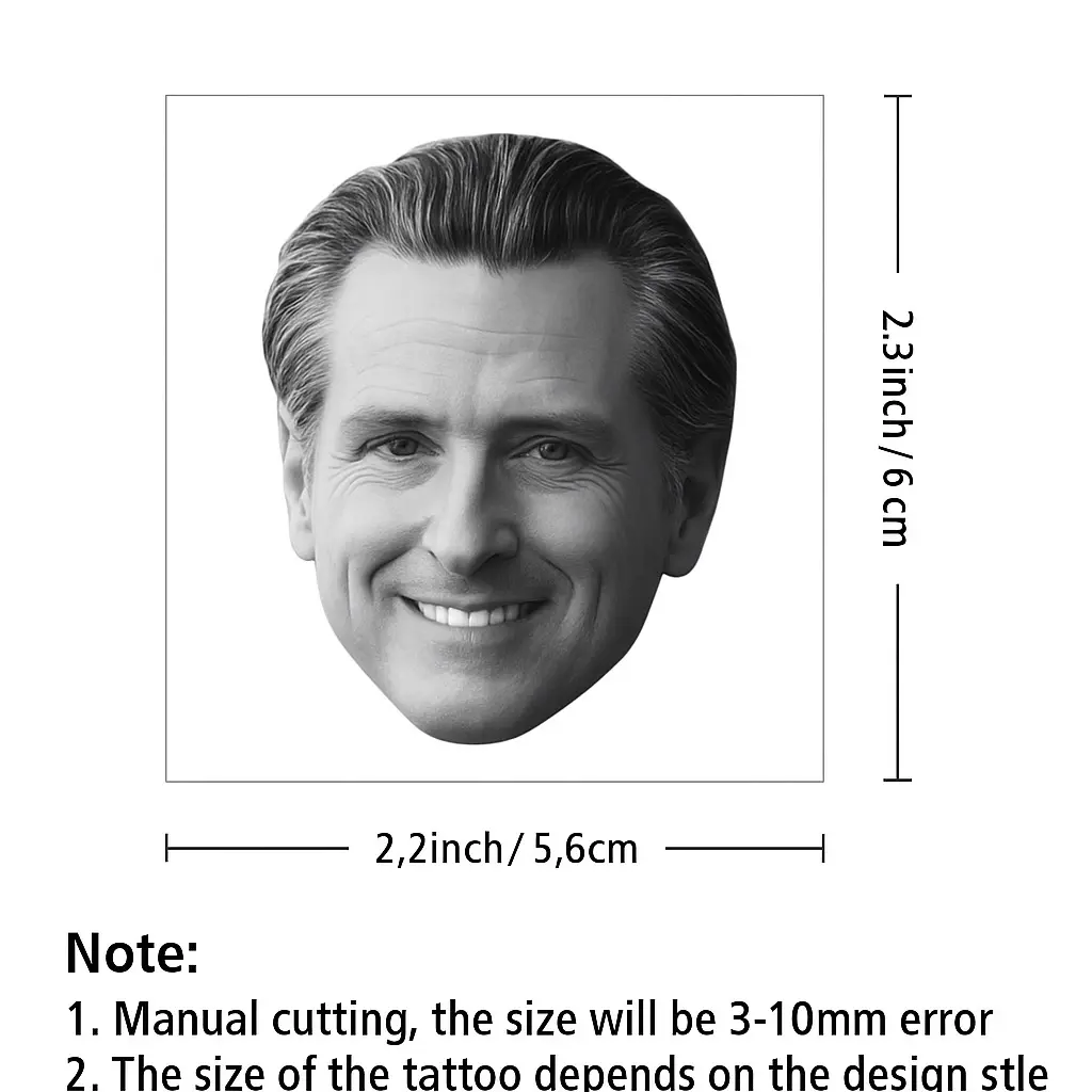 Gavin Newsom 2028 Temporary Tattoo 2.3inch x 2.2inch Inkspill Design Manual Cutting Size Error 3-10mm