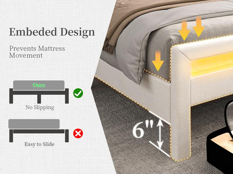 California King Bed Frame with Bookcase Storage Headboard and 2 Drawers, 52" Ultra-High LED Bedframe with Charging Station, Linen Upholstered Crystal Button Tufted Wingback Beds with Footboard,Black/White/Cream/Gray
