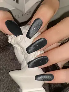 ROSY x 24Pcs Y2K Long Coffin Glossy Aesthetic Black Crystal Cat Eye French Tip Press On Nails Long Nails Design Perfect Fit Acrylic False Nails Set