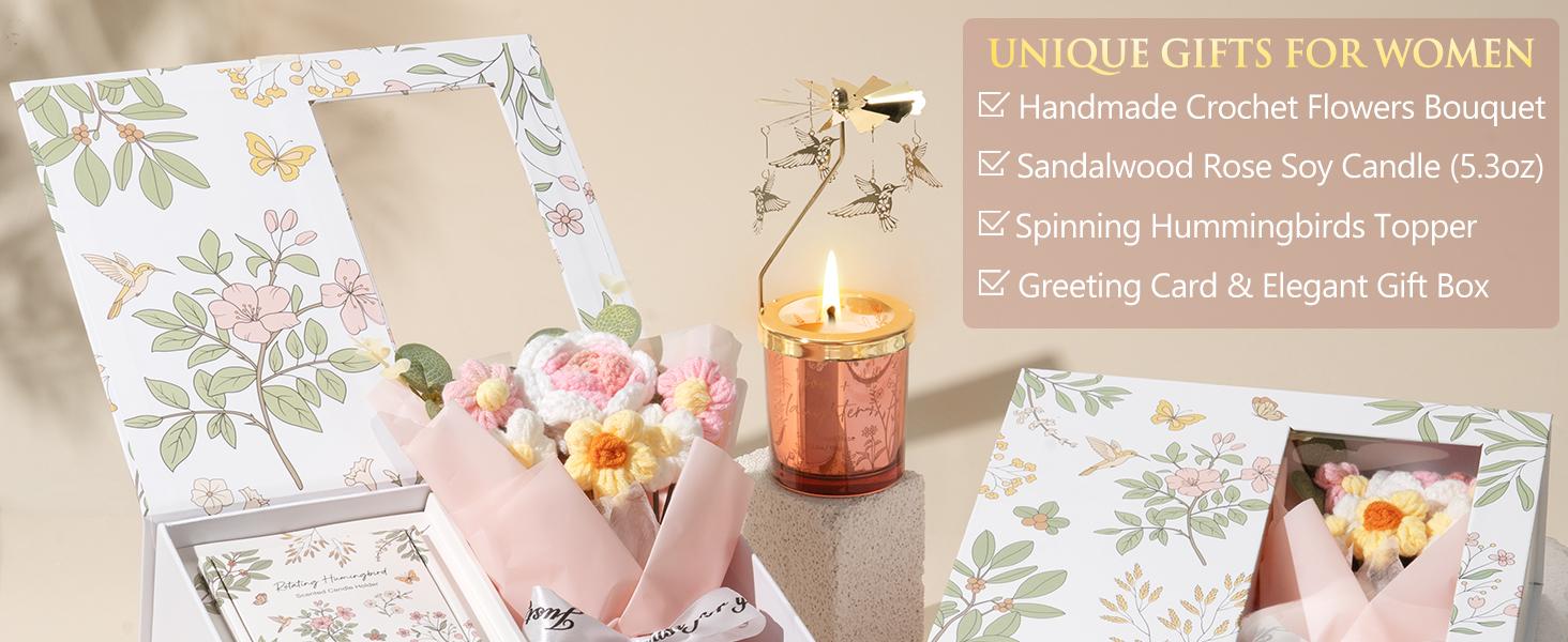 Mayicivo Valentine's Day Gifts for Women Mom Friend Sister, Unique Birthday Gifts for Women Girlfriend Wife Daughter, Christmas Candles Hummingbird Rotating Scented Candles Set for Woman with Crochet Flower Bouquet Mayicivo Valentine's Day Gifts for Women Mom Friend Sister, Unique Birthday Gifts for Women Girlfriend Wife Daughter, Christmas Candles Hummingbird Rotating Scented Candles Set for Woman with Crochet Flower Bouquet