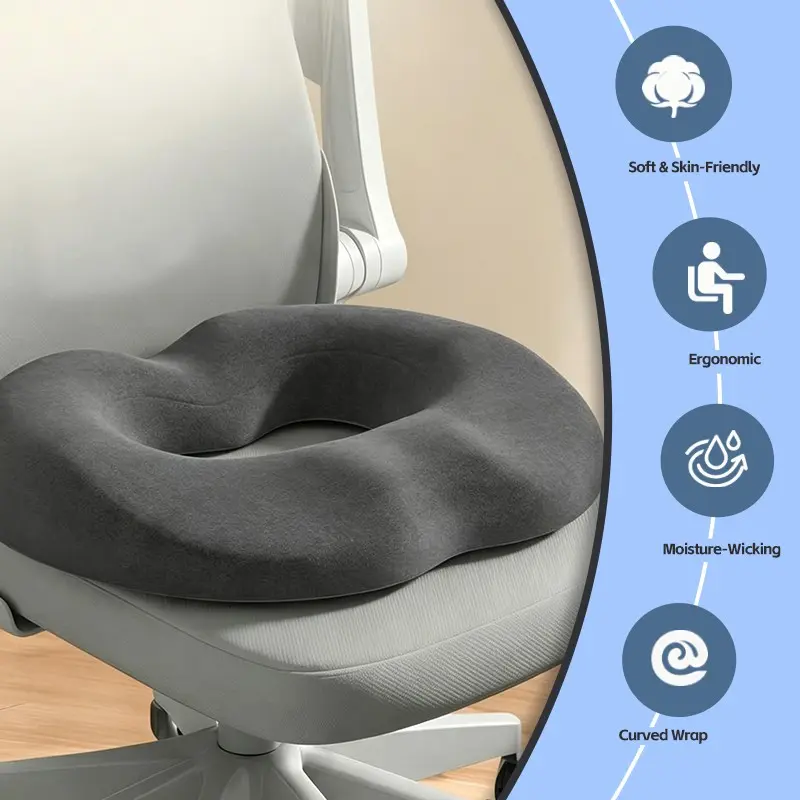 Cozy Ergonomic Curved Wrap Soft Slow Rebound Donut Shape Seat Pillow | Pain Relief for Postpartum, Hemorrhoid, Coccyx & Lumbar Issues | Ideal for Office, Driver & Driving | Black w/ Blue Stitching | Zippered Washable Polyester Cover