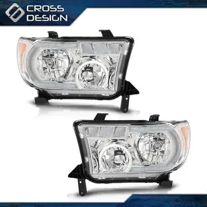CROSSDESIGN Fit For 07-13 Toyota Tundra 08-17 Sequoia Clear Chrome LED Headlights Left+Right