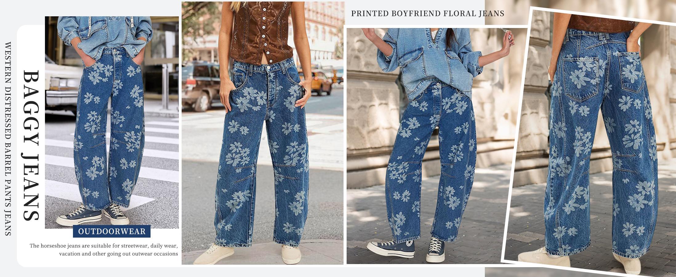 Chouyatou Women's Simple Floral Jeans Y2K Loose Wide-Leg Jeans Boyfriend Style Printed Stitching Jeans SpringStatements