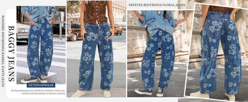 Chouyatou Women's Simple Floral Jeans Y2K Loose Wide-Leg Jeans Boyfriend Style Printed Stitching Jeans Chouyatou Women's Simple Floral Jeans Y2K Loose Wide-Leg Jeans Boyfriend Style Printed Stitching Jeans