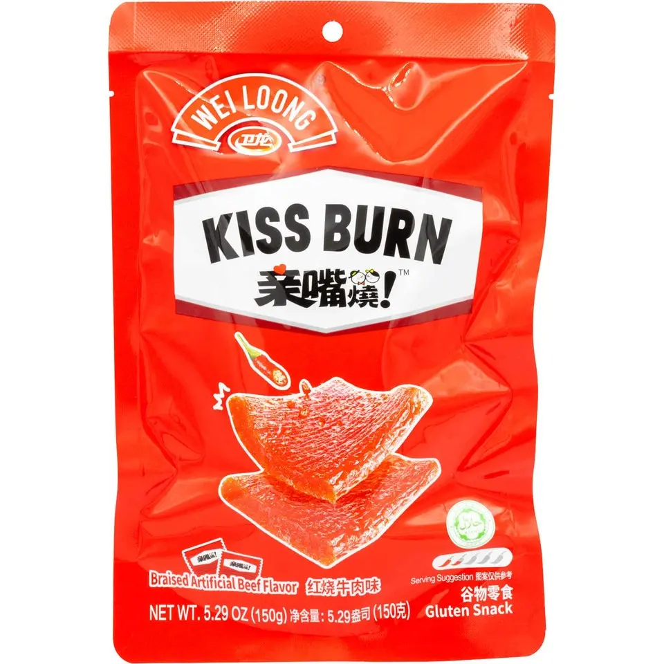 Wei Long Kiss Burn Latiao - Popular Chinese Street-Style Chewy Gluten Spicy Chili Snack, 5.29oz Ready-to-Eat Pantry Pack, Casual Snacks for Adults, Contains Chili (Braised Beef, Spicy Chicken Flavors)
