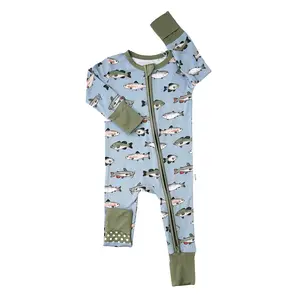 Wade Fish ZIP Super Soft & Comfortable Bamboo Viscose Zipper One Piece for Babies with Mitten Cuffs & Fold-over Feet Newborn to 24m