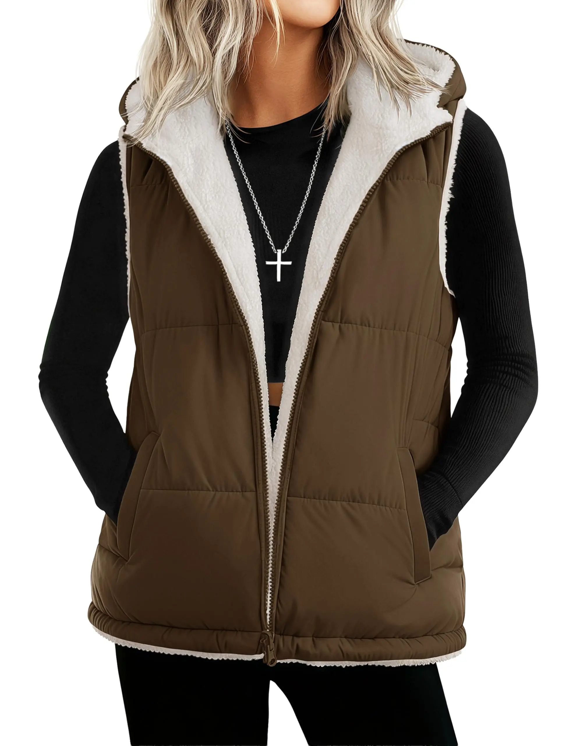 YUCOLEN Womens Puffer Vest Reversible Hooded Fleece Coat Quilted Zip Up Sleeveless Jacket Winter Outerwear with Pockets