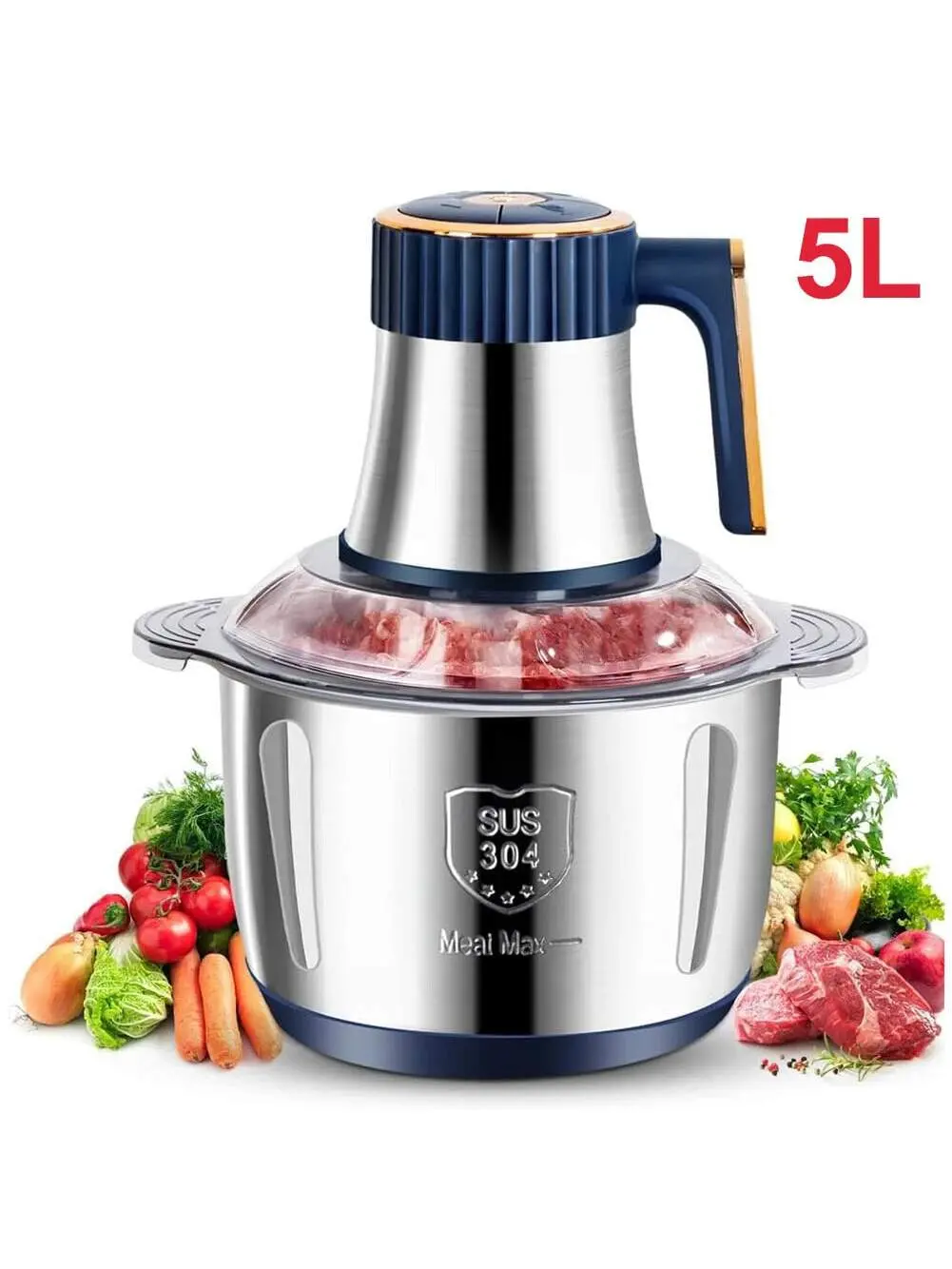 5L Large Capacity Meat Grinder - 500W High-Power Meat Mincer, Multifunctional Food Processor with 5-Speed Gear Regulation, Push Button, Transparent Cover, Ground Beef Prep, Home Kitchen Tool for Baby Food, Noodle Making