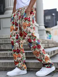 Men’s Retro Oil Painting Floral Jacquard Drawstring Jogger Pants — 2026 Spring/Summer New Arrival, Loose Casual Long Pants with Elaborate 3D Floral Design, Versatile
