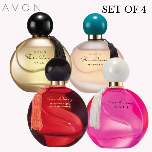 Far Away EDP 1.7 FL. oz. Set, Morrocan Nights Bali, Gold, & Infinity. Set of 4