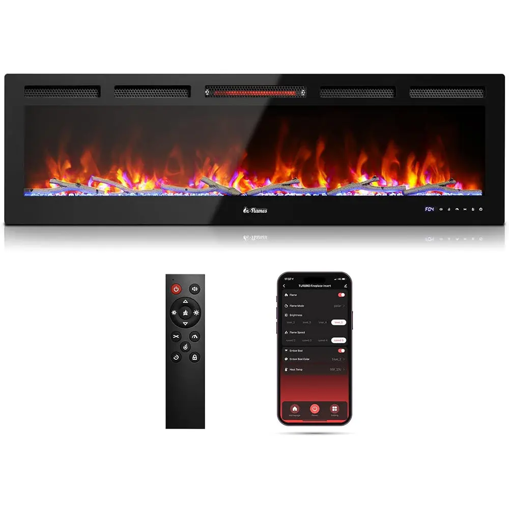 GARVEE 60” Smart WiFi Infrared Electric Fireplace, 1500W Quartz Heater, Multicolor LED Flame Feature, Recessed/Wall-Mounted, Adjustable Flame Effects, Remote Control